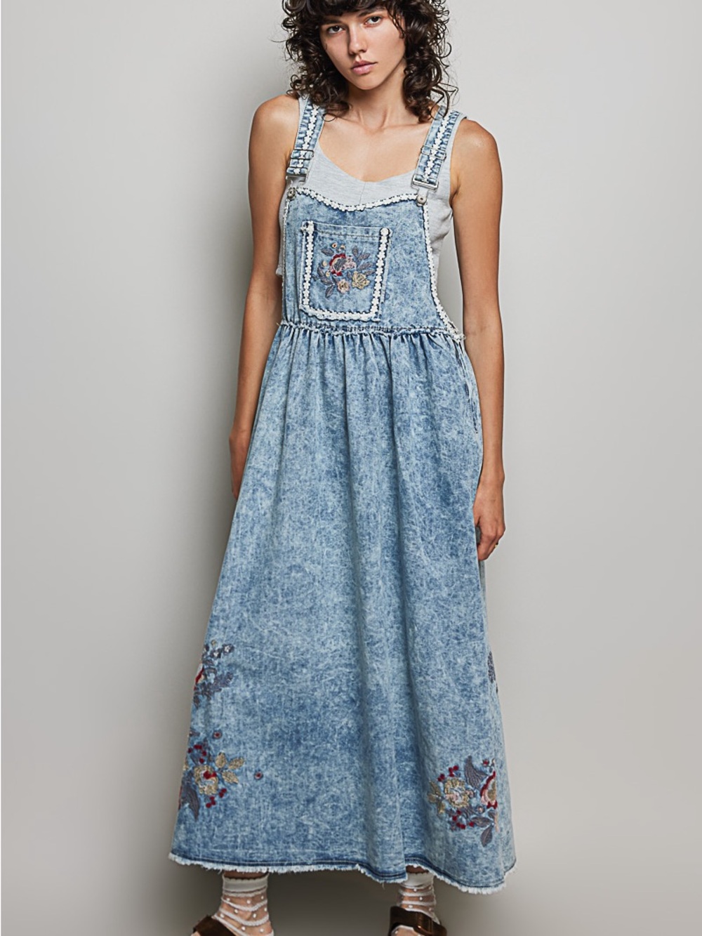 POL Light Wash Denim Overall Maxi Dress with Embroidered Bib